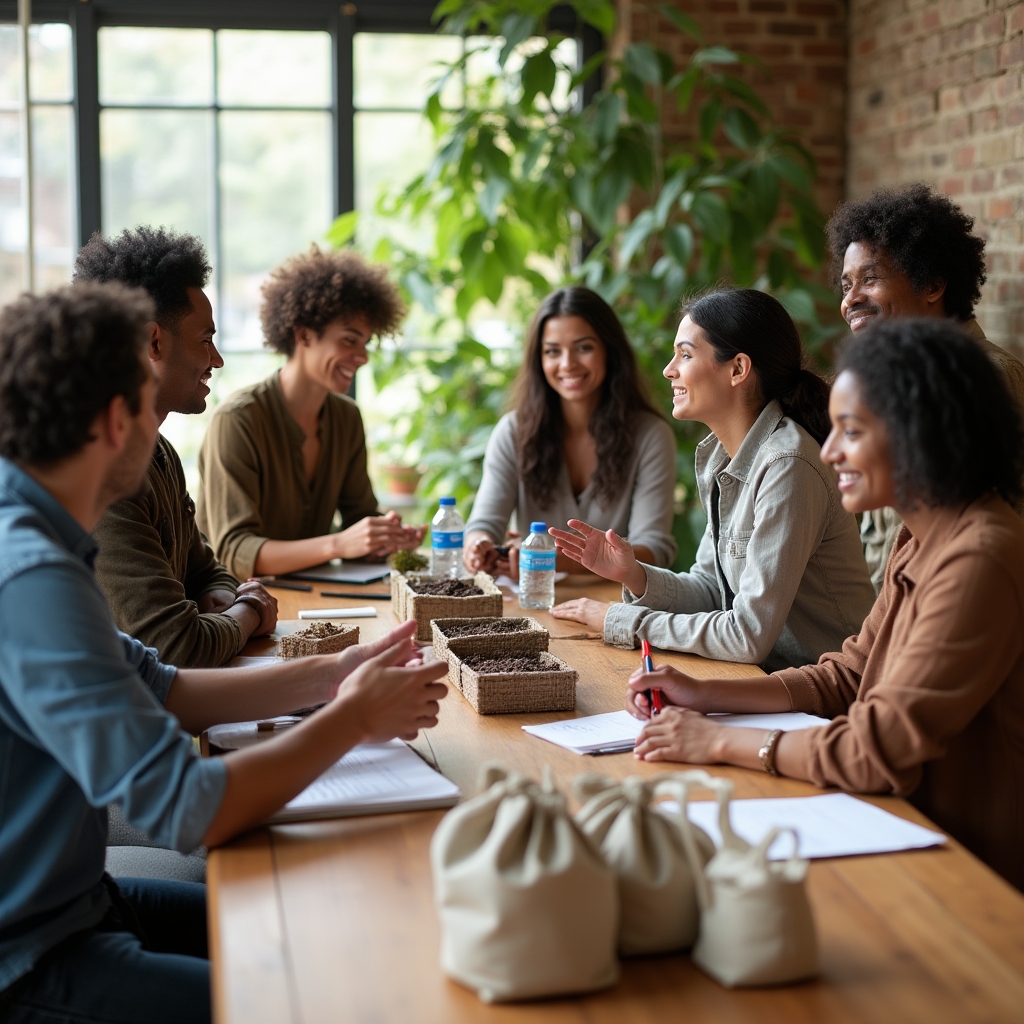Group of adults gathered around a table with composting materials, notebooks and reusable items during an indoor workshop session