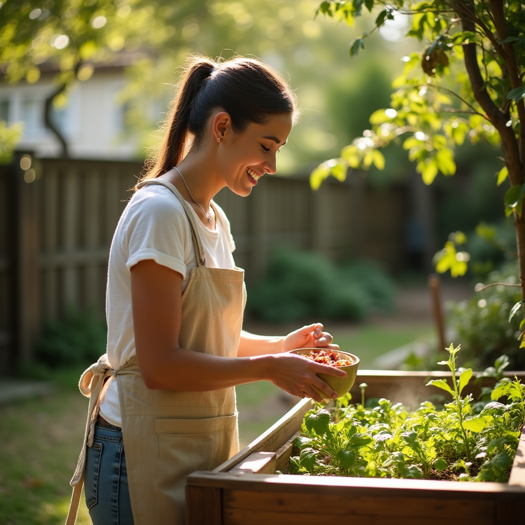 Person adding vegetable scraps to a wooden composting bin in a sunny backyard garden setting