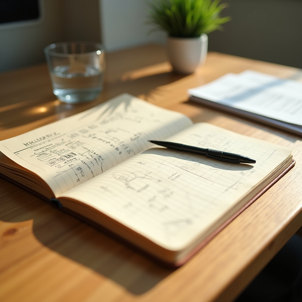 Wooden desk with notebook, pen and plant, showing a course planning workspace with warm natural light
