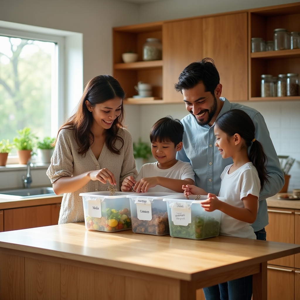 Family of four in a bright kitchen sorting food scraps into separate compost and recycling containers together