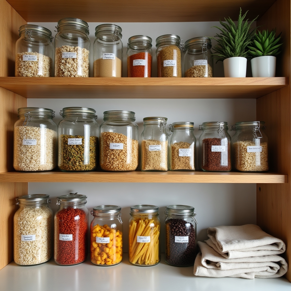Well-organized pantry shelves with glass mason jars filled with grains, legumes and spices, replacing plastic packaging in a clean kitchen