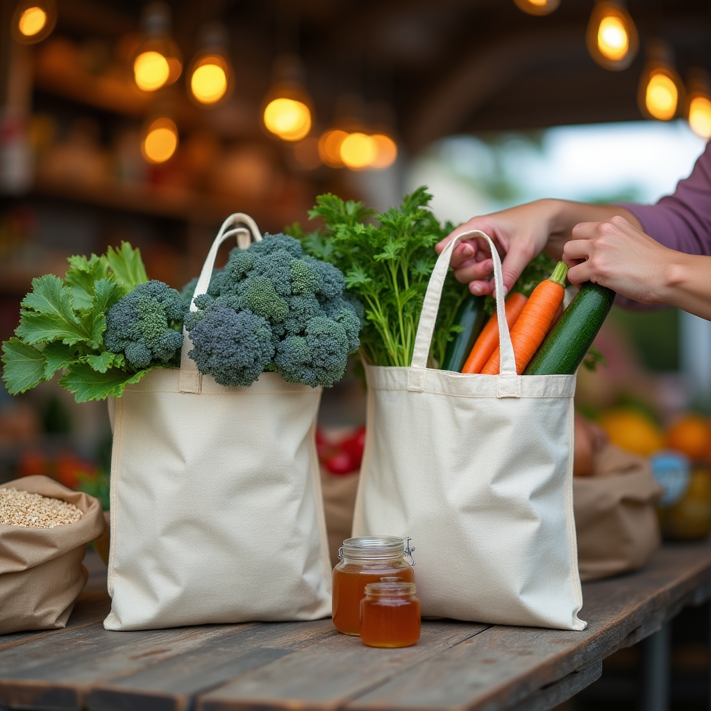 Reusable canvas shopping bags filled with fresh vegetables and bulk dry goods at an outdoor farmers market