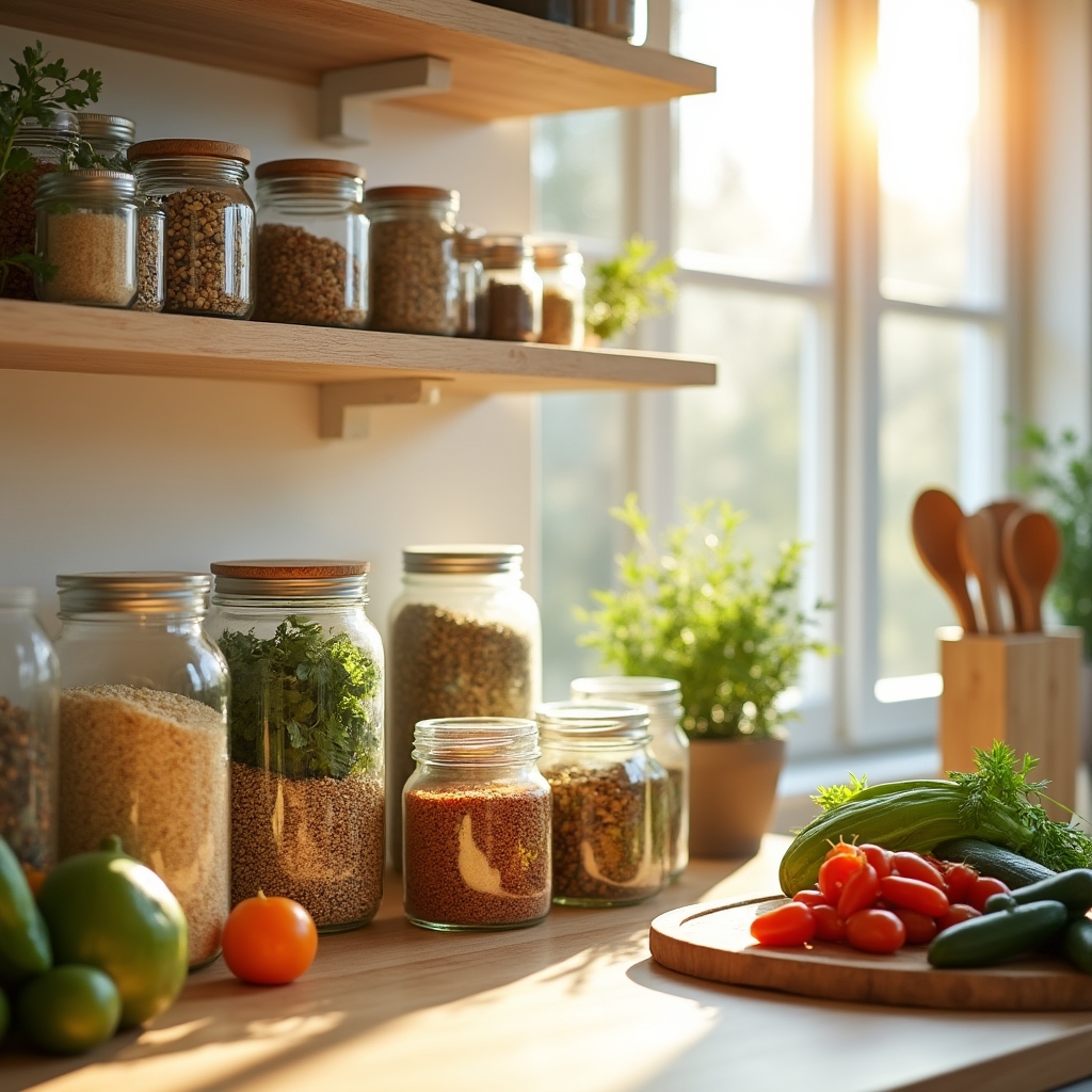 Organized sustainable kitchen with glass jars, reusable containers, and fresh produce on a wooden countertop