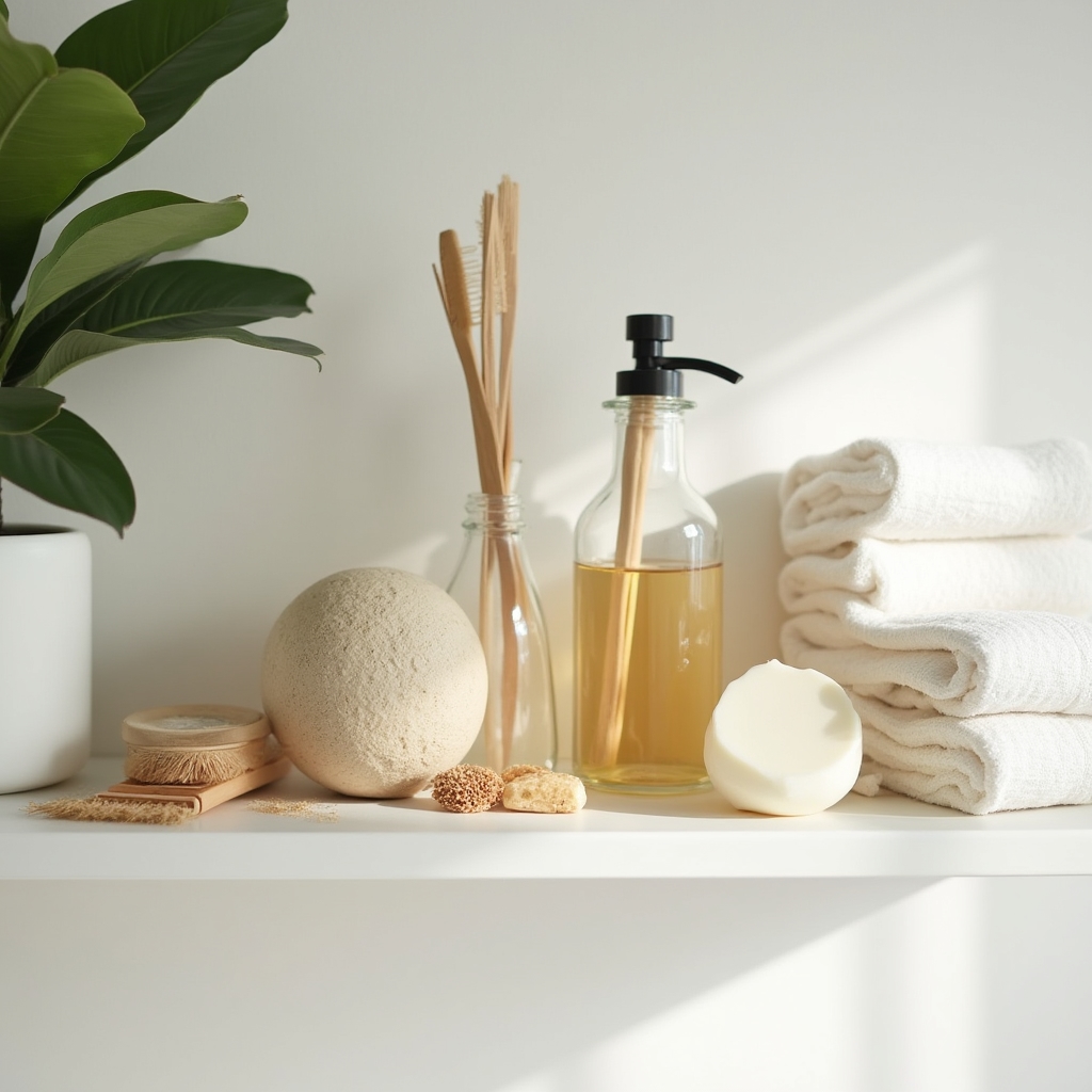 Bathroom shelf with bar soap, bamboo toothbrush, glass bottles and other plastic-free personal care products arranged neatly